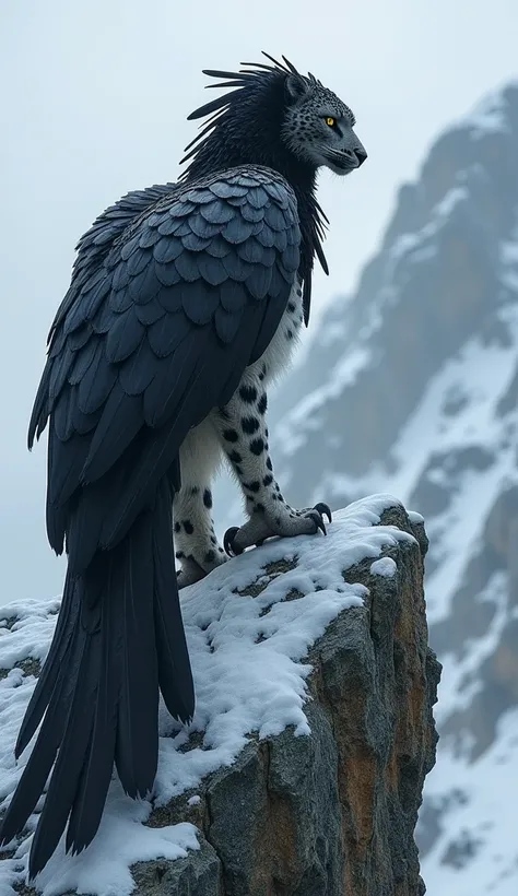 "Create a terrifyingly realistic hybrid creature that merges the stealth and agility of a gray-and-white snow leopard with the ominous presence of a black raven. The creature should have the muscular, spotted body of a snow leopard, its fur blending into d...