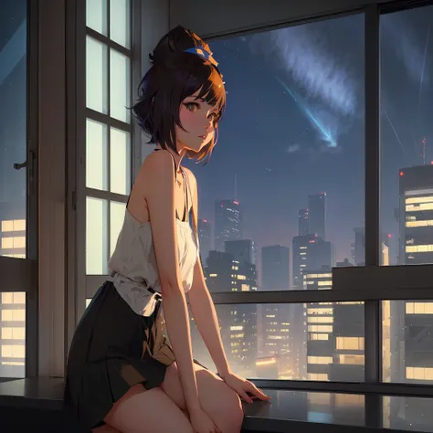 anime girl sitting on window ledge looking out at city skyline, digital anime illustration, ilya kuvshinov. 4 k, overlooking a modern city, ilya kuvshinov landscape, in front of a sci fi cityscape, makoto shinkai style, artstyle : ilya kuvshinov, lofi port...