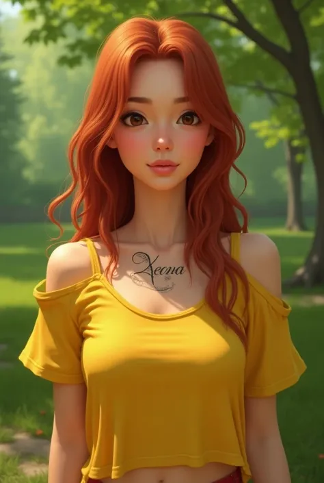 A beautiful young women round face cut and skin tone fair small nose and small light pink lips straight red long hairs and tatoo on our neck written xena standing in park wearing stylish yellow  tshirt standing and naturally smile 