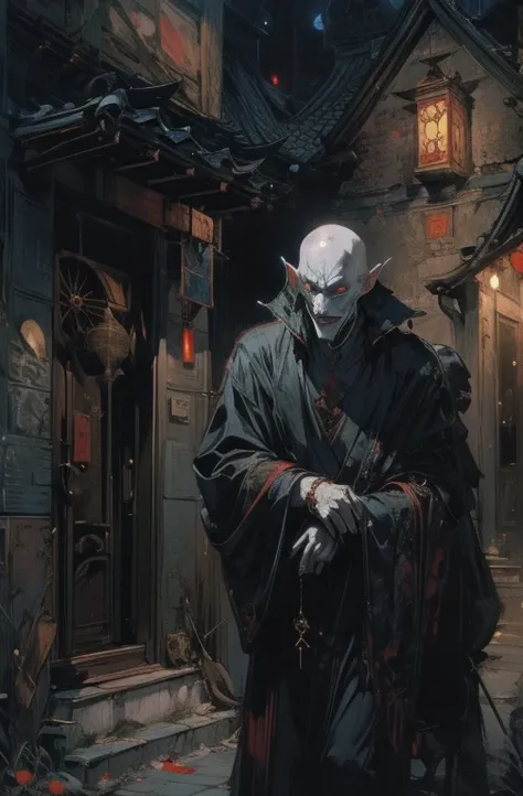  Beautiful painting of nosferatu with ONI mask on, Nosferatu elegant , inspired by Chen Yifei ,  Works that influenced Francesco Hayes ,  Inspired by Hendrik Terbruggen ,  cinematic light ,  figurative art ,  Beautiful and expressive paintings .  Landscape...