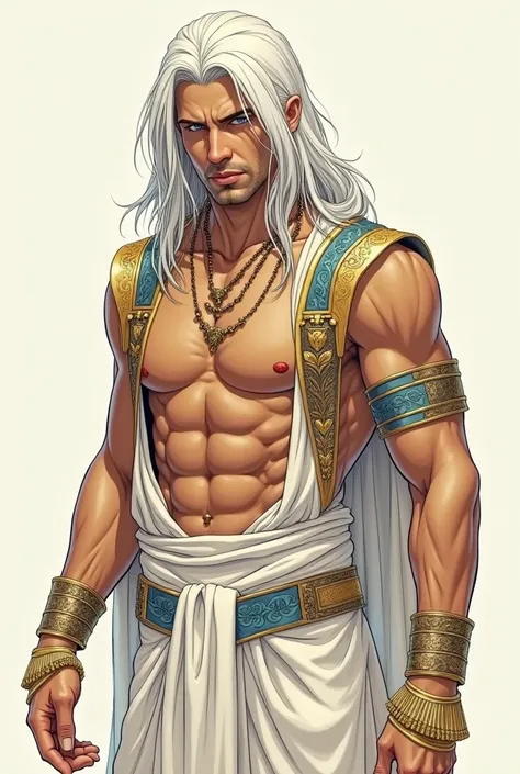 Male, handsome man, hand drawn illustration, precise line art, detailed character illustration, long white hair, blue piercing eyes, wearing Egyptian clothing, open shirt, smirk, looking down, coloured