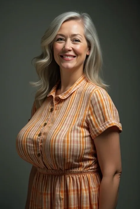 a beautiful matronly woman with abnormally huge round breasts, (((thin body))), pleasant smile, vibrant flare skirt shirtwaist dress, long gray hair, realistic profile view, looking directly at the camera, her breasts are huge, bulging, and well-rounded