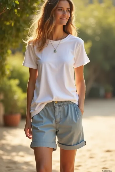  with white t-shirt,  light blue linen shorts, Birkenstock sandals  