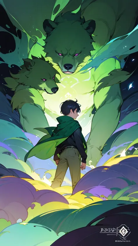 “Create a cover featuring a magical forest with a young boy facing a glowing bear, in dark greens and purples. evoke mystery and wonder.”