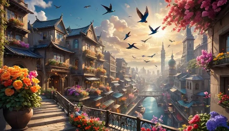 "Step into a world of artistic wonder with this hi-res image, cinematic and spectacular. A wide view shot showcases a cityscape like no other, with every building meticulously rendered in fine art style. The vibrant colors of the flowers and the graceful f...