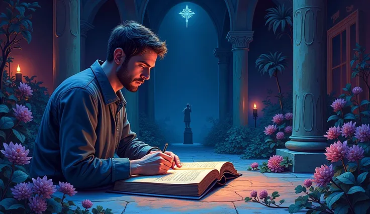 a man reading an illuminated manuscript and absorbing knowledge through what she reads, woodcut art,dreamy, cinematográfico,mind bending, realistic cartoon art, majestic, chalk art, ultra wide-angle, 2d platformer, Lo-fi, sprite sheet, ultraviolet lighting...