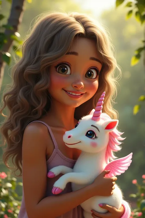     Brazilian with light brown skin and long, curly light hair in a casual outdoor setting. She is smiling brightly,  holding a small white unicorn with a pink horn and delicate wings .  The unicorn seems soft and almost magical in her hands , her fur shin...