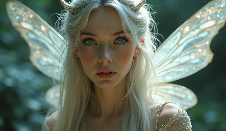 "Close-up of a fairy with shimmering, translucent wings and an intricate, revealing outfit made of delicate lace and sparkling fabrics. Her long hair flows around her face, and soft light highlights her mystical features."