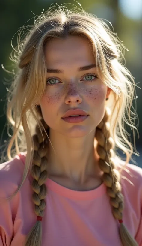 photorealism woman, hyperrealistic, fair skin, blonde hair, freckles, blonde hair falling in multiple braids, adorned with intricate nature details, blue eyes, 30s, sensual young woman, white skin wearing pink t-shirt, portrait from the waist up. The chose...