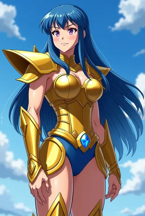 It is a digital drawing depicting a muscular woman in a fantasy warrior costume, similar to a video game character. She has long blue hair, blue accents on her golden armor, and a confident expression. She has fair skin and a toned physique. The background...