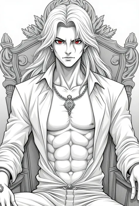 Male, handsome young man, hand drawn illustration, precise line art, detailed character illustration, long white hair, red eyes, wearing sexy Egyptian clothing, open shirt, Horny face, sitting on his throne