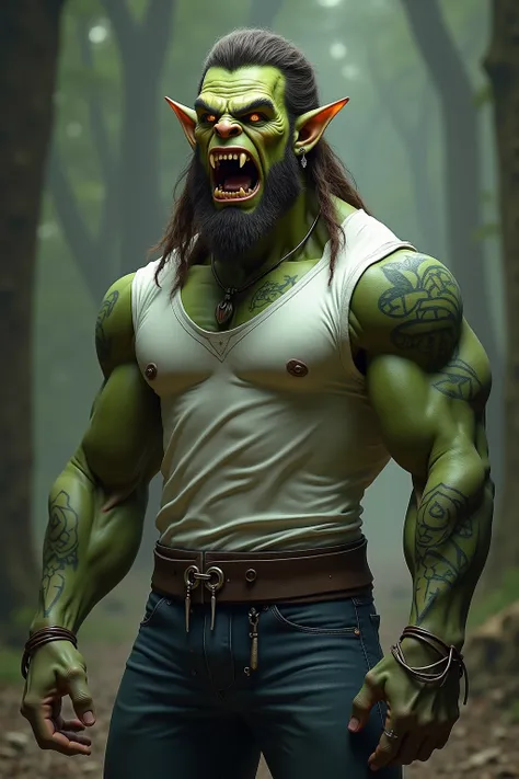 (Dungeons and dragons style), highest quality image, Green orc, male, very big, muscular, warrior, white tribal sleeve tattoo on both arms, long fangs on bottom , Solo, High Resolution, Long Hair, Teeth, Depth Of Field, Masterpiece, Best Quality, Accurate,...