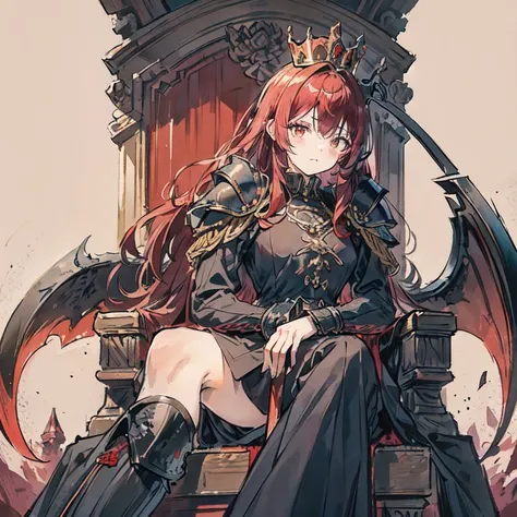 Girl with red hair and black crown on her head . 
 Sitting on a Gothic throne looking down
He has black armor on his legs 
Hold a black scythe