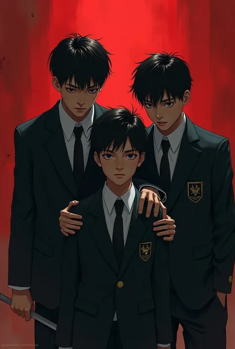 Create 3 boys wearing a school uniform .Supporting antagonists who participate in the torment 
 Create a real person with black and red background 
