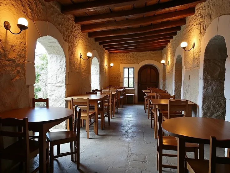 Taverna Lagarto Caalho ,  medieval style, local empty, stone walls,  round wooden tables ,  simple wooden chairs, no person