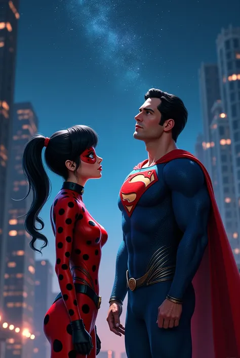 Come on where Lady Bug and Superman stand together and only superman look up at the night sky 