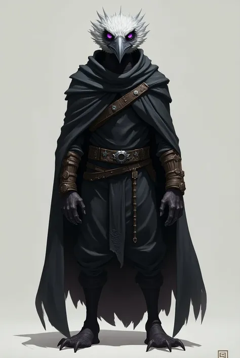 (fantasy art:1.2) A 30-year-old Kenku with grey feathers for hair and black feathers covering his body. Standing at 39" and weighing 89 lbs, he has a small, agile frame. His eyes are a sharp, vibrant purple. His movements are fluid and silent, reflecting h...