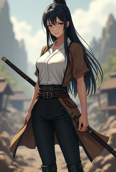  AYUMI HE HAS A JAPANESE FACE AND WEARS BLACK PANTS BLACK SHOES WHITE BLOUSE AND A COLD SHORT BROWN BLOUSE SHE HAS WHITE SALMON SKIN AND LONG STRAIGHT BLACK HAIR SHE FIGHTS SHE WEARS A SWORD SHE HAS A,70CM AND  IN ADDITION TO HAVING SLIGHTLY BIG BREASTS MA...