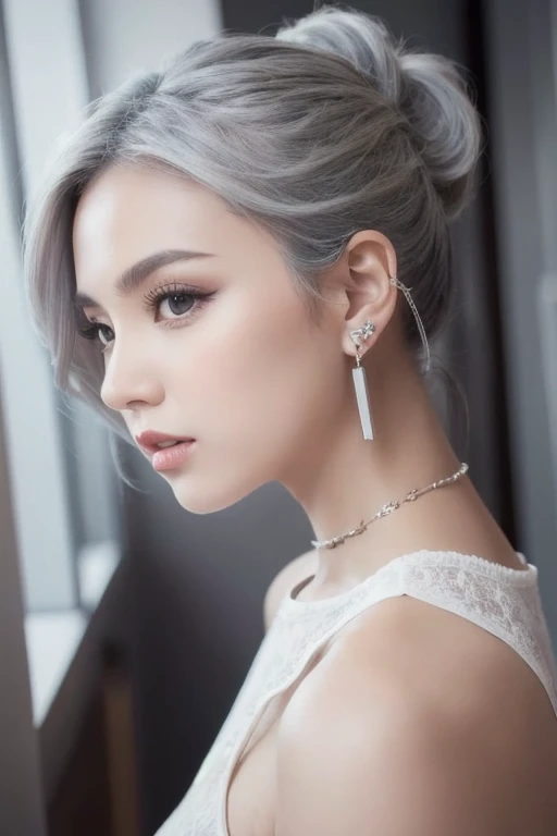 solo,  gaze,  open your mouth,  accessories with gray hair,  High Quality , short ponytail,  Big Breasts ,  earrings for a woman alone,  opening slightly,  wide angle shot with lots of background, abstract, 