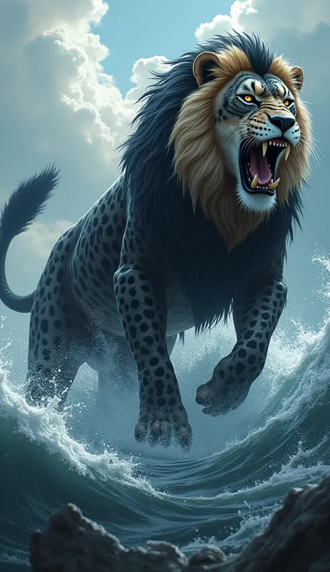 Lion-Orca-Cheetah Hybrid:
A sea-land predator with the muscular build and mane of a lion, the black-and-white coloration and aquatic efficiency of an orca, and the speed and agility of a cheetah. Its roar is thunderous, both above and below the water.