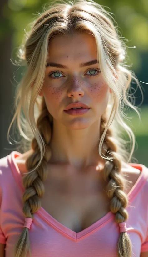 photorealism woman, hyperrealistic, fair skin, blonde hair, freckles, blonde hair falling in multiple braids, adorned with intricate nature details, blue eyes, 30s, sensual young woman, white skin wearing pink t-shirt, half body shot. The chosen camera cap...