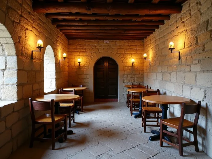 Tavern in a medieval city, Taverna Lagarto Caalho ,  medieval style, local empty, stone walls,  round wooden tables ,  simple wooden chairs, no person