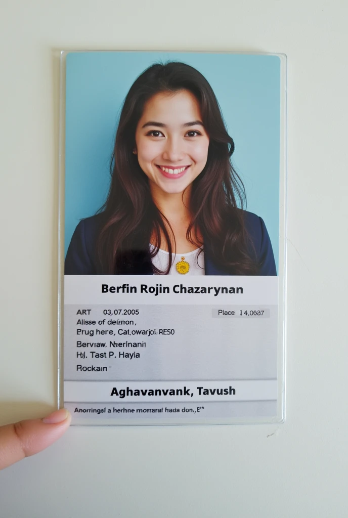  A clear Armenian student ID from a girl,  the name is Berfin Rojin ,  the last name is Chazarynan , born on 03 .07.2005 in Aghavnavank, Tavush