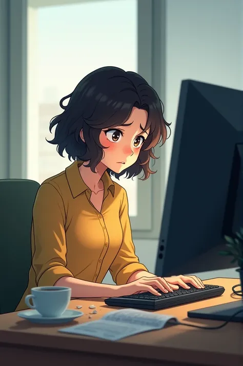  A girl with short Castilian hair working in an office in front of a computer. She is tired  
