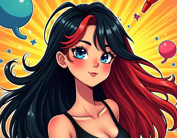 Illustrate me comic style to a girl with black hair up to the height of her breasts with red locks in front 