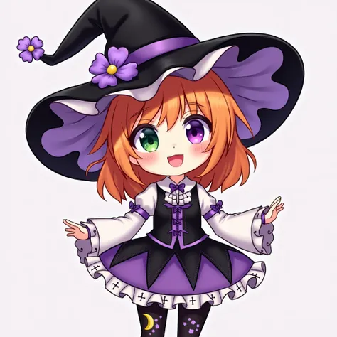  A purple and black witch hat with white details and flower ornaments, short medieval dress with purple details with black ,  orange hair,  eyes with heterochromia ,  One green eye and another purple , appearing to be  , An innocent smile, cute and cheerfu...