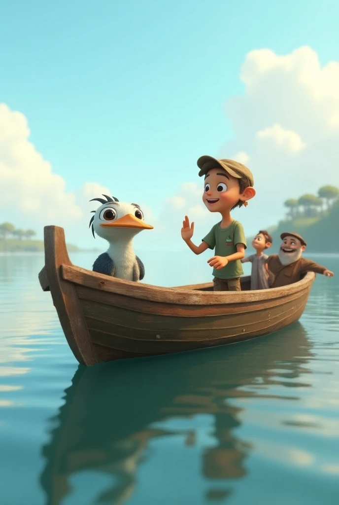  A rustic fishing boat floating in calm waters ,  with Pingo looking curiously at the fishermen , who laugh and wave at him ; The sky is partly cloudy, with a light mist,  3D Disney Pixar style with detailed textures and animated expressions."