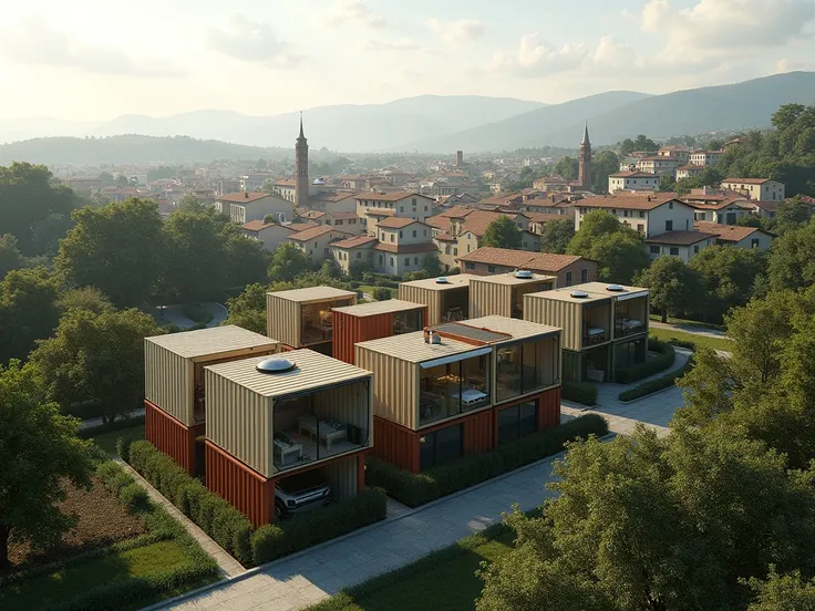 Create a realistic image of Sesto Fiorentino  ( Florence )  exactly in the Osmannoro area with container houses .  one on the plan showing all of Sesto Fiorentino and another aerial photo