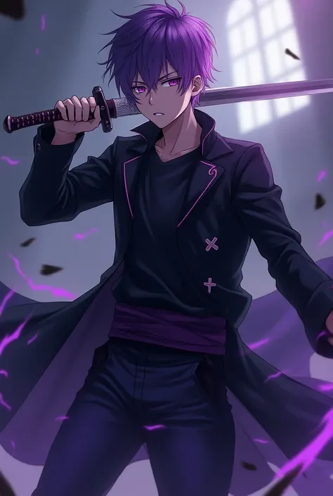 A tall, 16-year-old man with violet hair and eyes, thin build, wearing in a black coat with many violet crosses painted parallel to the buttons, loose black shirt, loose black pants with a violet belt and violet boots, in hand holding longsword in white-bl...