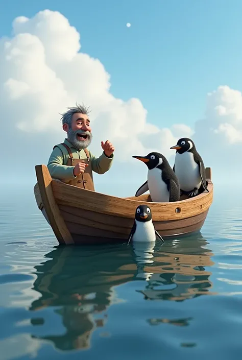  A rustic fishing boat floating in calm waters , with Penguin looking curiously at the fishermen, who laugh and wave at him ; The sky is partly cloudy, with a light mist,  3D Disney Pixar style with detailed textures and animated expressions."