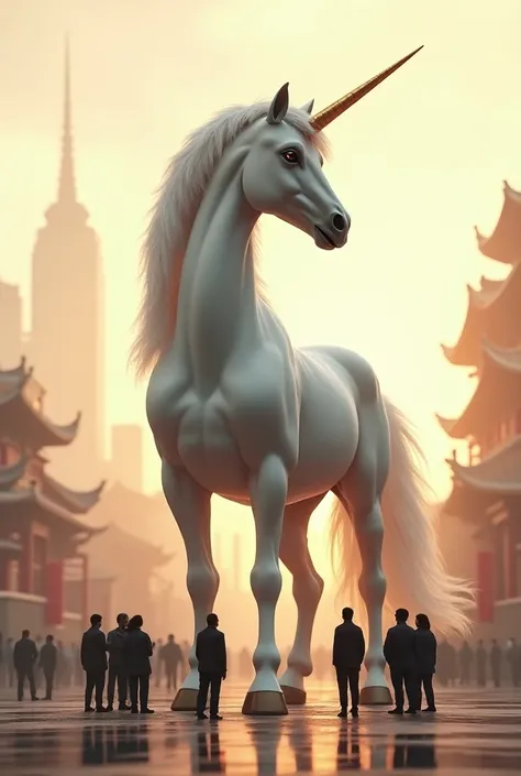 A giant, hyper-realistic unicorn . 4k hdr with lots of details. volumetric light, rtx reflections, dynamics. have little people around you.  The backdrop is some city in China  