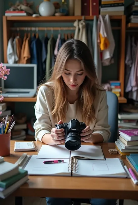 A girl who takes pictures of her clean desk but the rest of her room is a mess