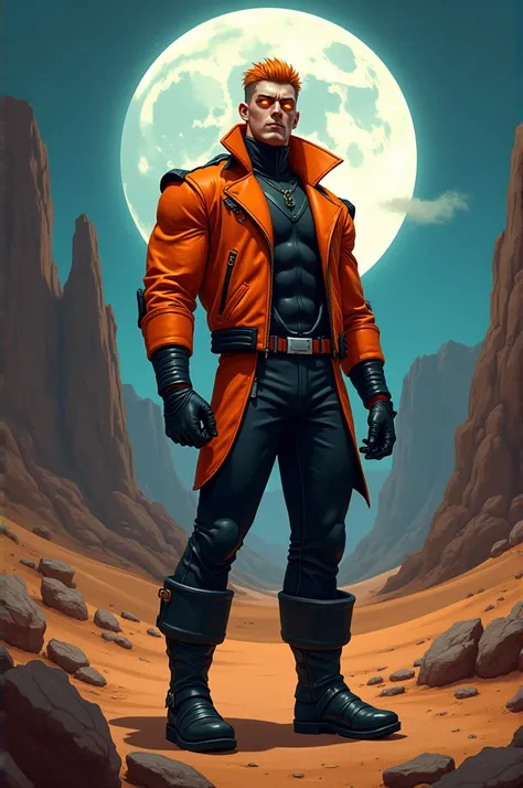  Slim but muscular man , defined body, Ganz costume 0 ,  Orange and black gangster jacket, orange boots with black details , orange gloves with black details,  neat orange hair , styled hair,  short hair, orange eyes, desert landscape with large mountains,...