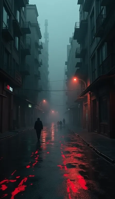  A dark city with bright red markings in different areas, suggesting recent attacks . The atmosphere is tense,  with shadows hanging over the streets ,  and the mystery of the Chupa-Cabra spreading ,  but the creature remains invisible .