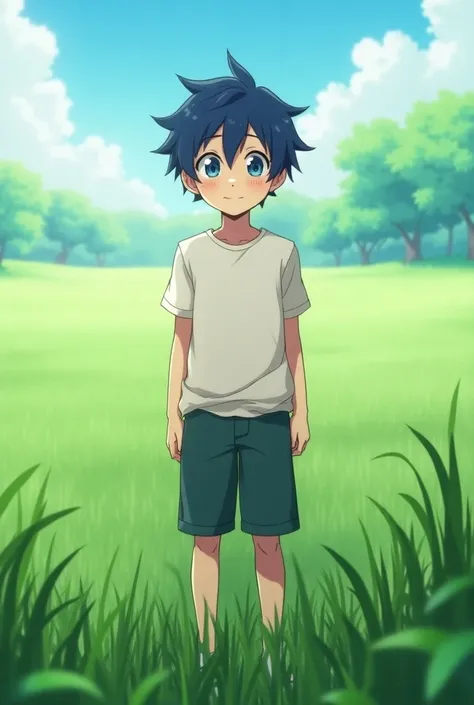 17-year-old boy with short hair and dark blue a character op standing in a field of grass who measures 1.85m (anime version) 
HD model,  smile, blue eyes, 3D rendering, 