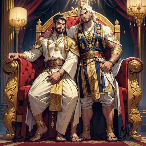 Create a full-body image of an old Indian king with the physique of a WWE wrestler. He stands tall and regal, wearing a silk dhoti with intricate gold embroidery, paired with a richly decorated angavastram draped over his shoulder in royal blue and gold. H...