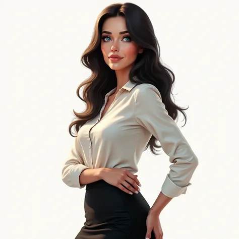 (photorealism:1.2), mature woman, wearing black pencil skirt, long sleeved form fitting white shirt, long black hair, vibrant light blue eyes, soft lighting, white background, standing pose, realistic, intricate details, warm colors