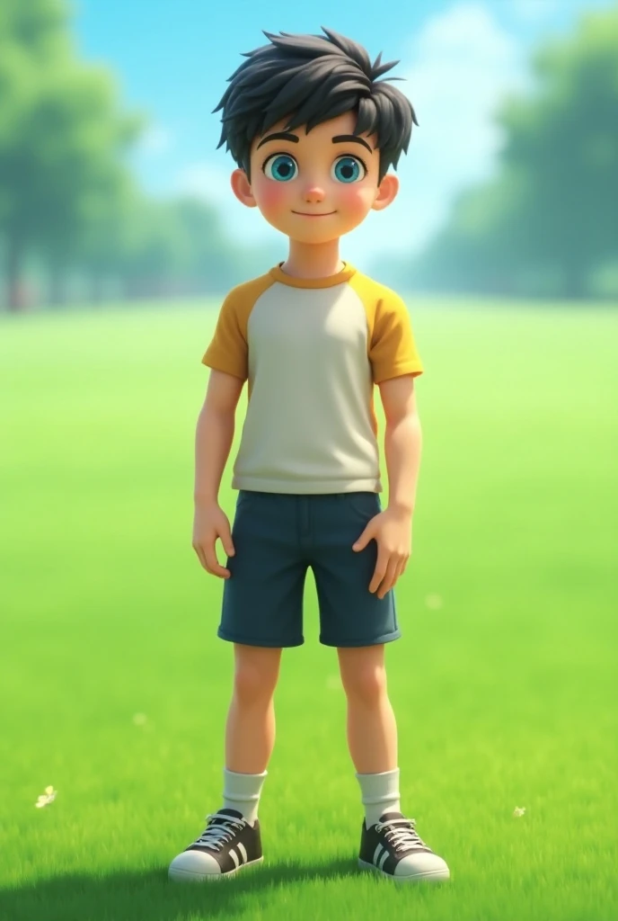 17-year-old boy with short hair and  blue claire character op standing in a field of grass who measures 1.85m (anime version) 
HD model,  smile, blue eyes, 3D rendering, un peut musclé 
