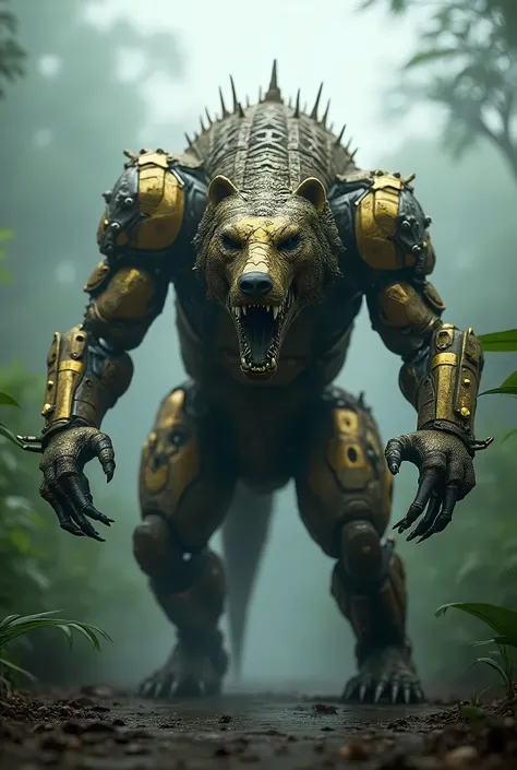 Create a hyper realistic hybrid creature that contains the characteristics of both bear  and  crocodile in the same creature,in the foggy jungle of Amazon, with full body, shouting, growling, attacking with anger, sharp teeth and claws, jaws, big as size o...