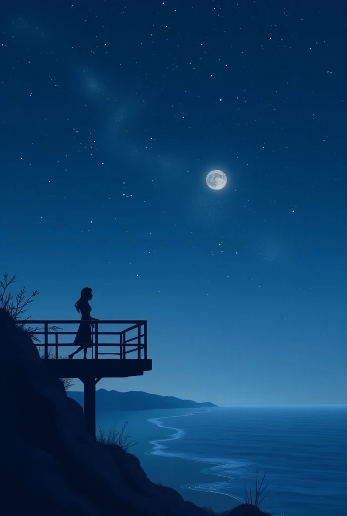 Seaside、night、 starry sky 、The moon in the distance、Observation Deck、High ground、Particles of light