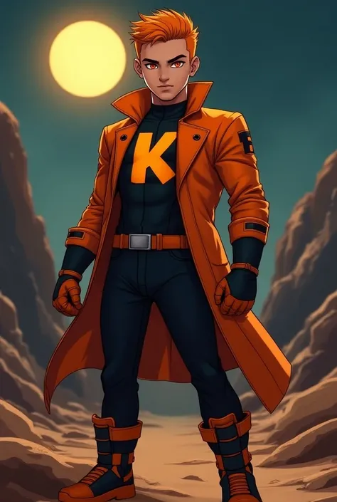  Slim but muscular young man , defined body, Ganz costume 0 , The letter K on the chest ,  the orange letter K ,  Long gangster jacket in orange and black, orange boots with black details ,  orange gloves with black details ,  neat orange hair , styled hai...