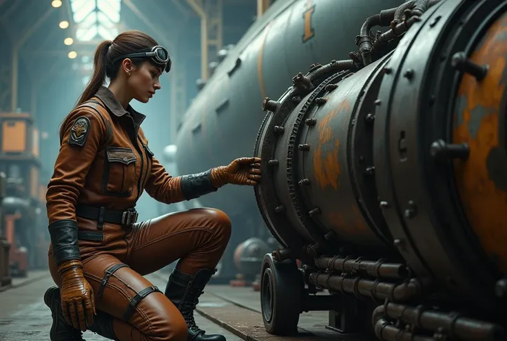 " Female mechanic in a leather jumpsuit with lots of pockets,  high laced boots with metal buckles ,  leather gloves with copper inserts ,  aviator safety glasses on the forehead ,  works with a massive diesel engine in the hangar , around the airship ,  i...