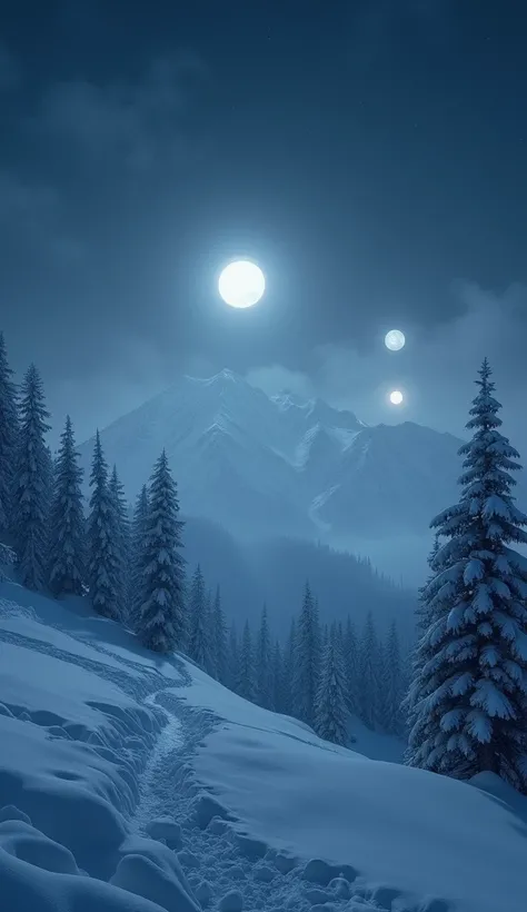 A snowy mountain scene with strange, glowing orbs of light hovering in the night sky. The lights are faint but unnatural, casting an eerie glow over the landscape. The snow reflects the light, creating a surreal atmosphere. Photorealistic detail, cinematic...