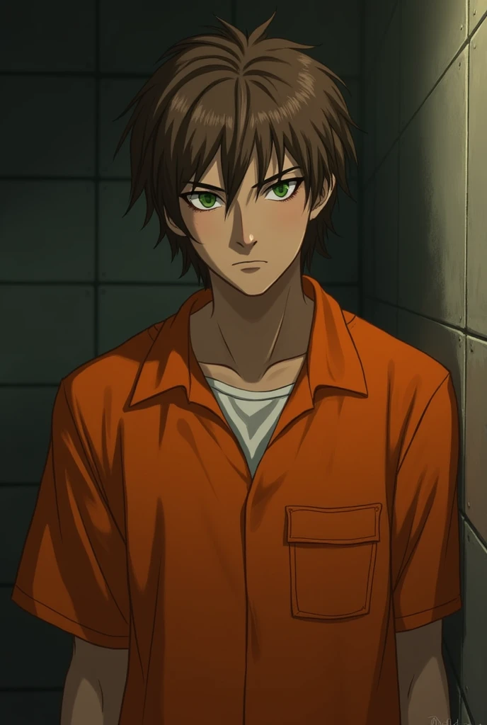 Male prisoner, brown-haired, green-eyed uncle, wears orange suit, prison dress 