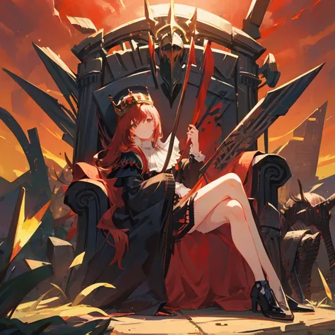 Girl with red hair and black crown on her head . 
 Sitting on a Gothic throne looking down
black armor covers his legs
Hold a black scythe