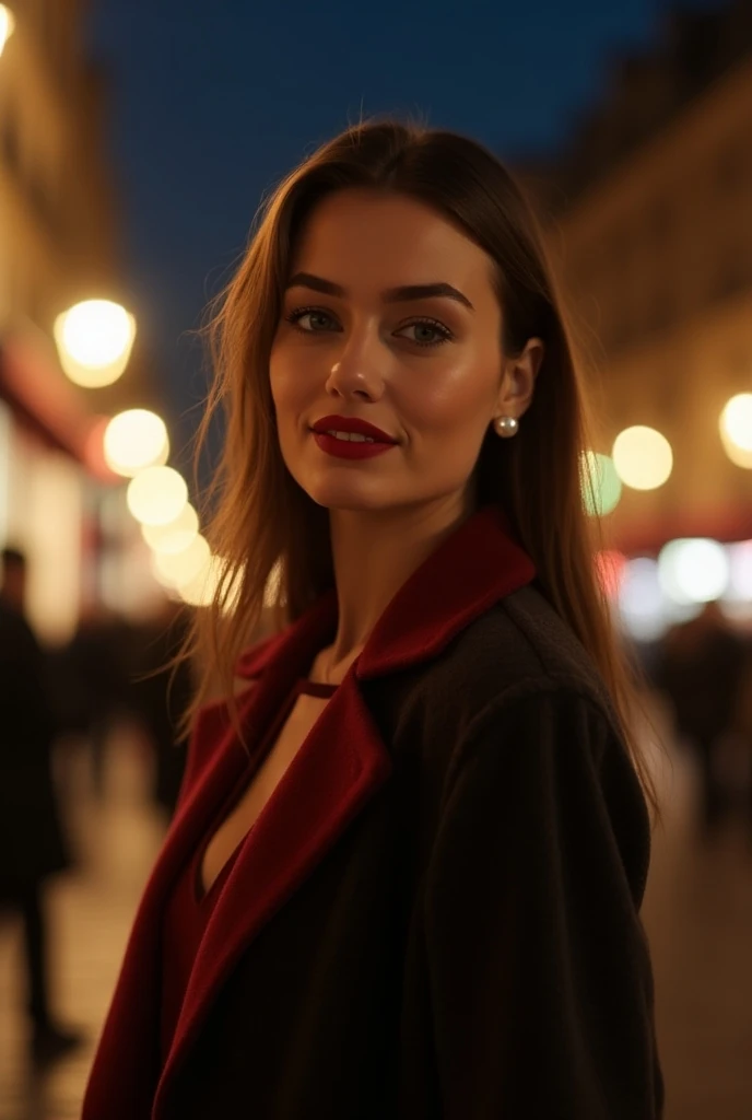 Italian girl 25 years old, beautiful, wonderful, walk in the center of Paris, 1 girl, real, very high resolution, 8k, elegant coat, luxury, Champs-Élysées, pearl earrings, elegant, red lipstick, light smile, night